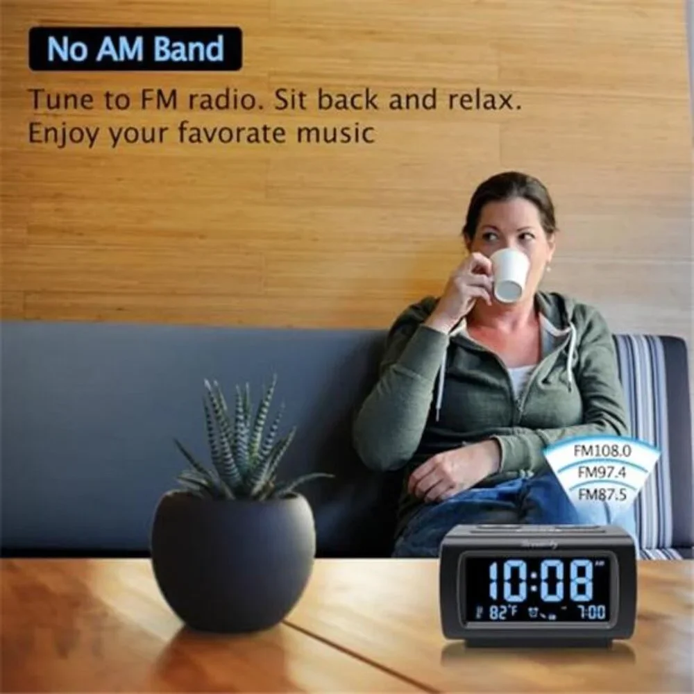 Digital Alarm Clock FM Radio USB Charging Large Display Bedroom Snooze Timer